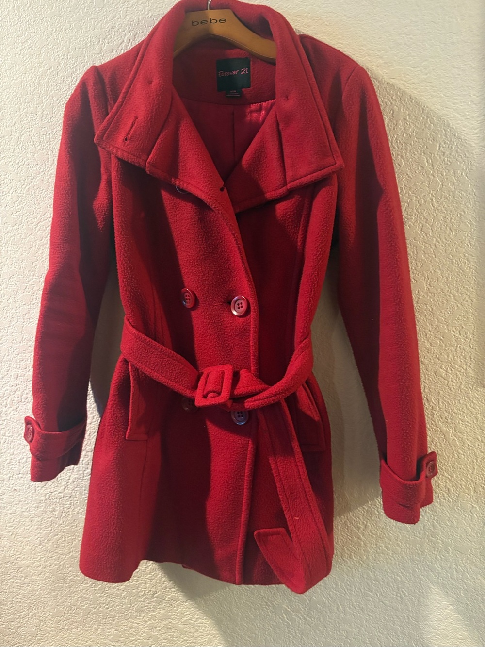 Forever 21 Red Double-Breasted Belted Pea Coat